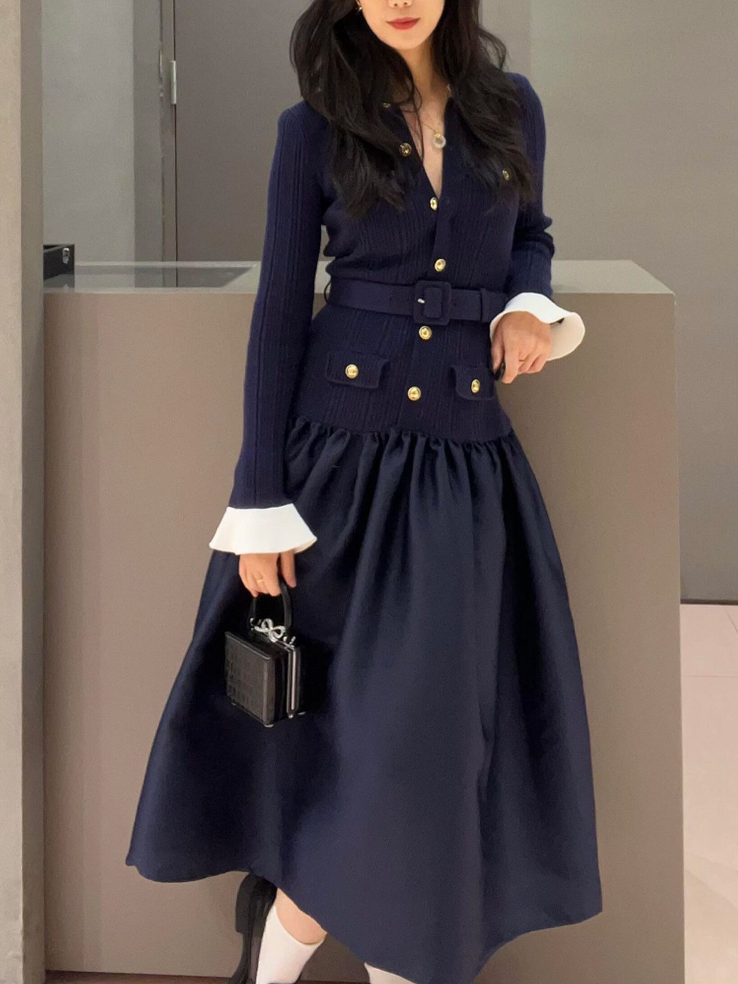 Navy Round Neck Knit Maxi Dress