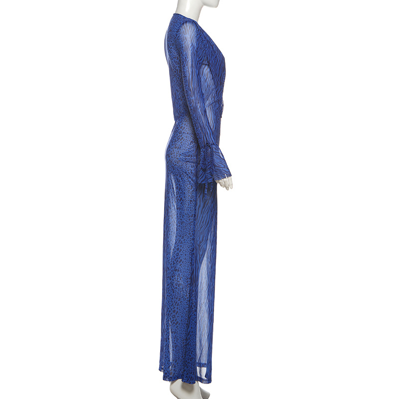 Feline Pattern Fitted Plunging Sheer Extended Sleeve Dress