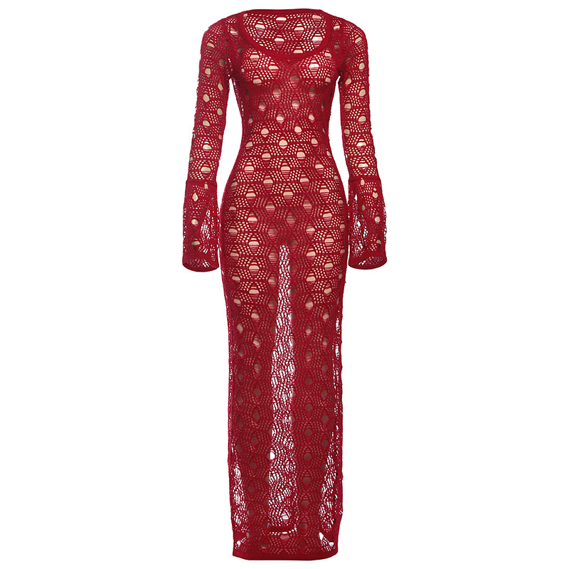 U-Neck Long-Sleeve Polyester High-Waist Sheer Bodycon Dress