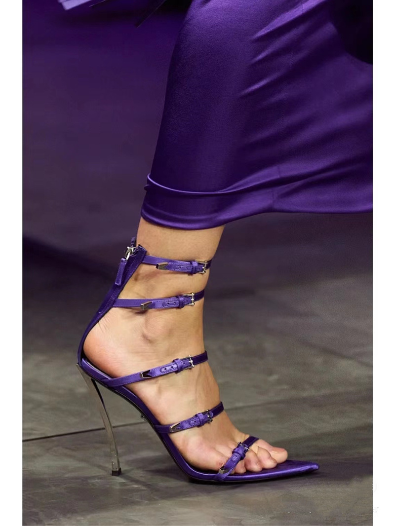 High Heeled Pointed Roman Sandals, Satin Sheepskin Buckle, Womens Oversized Shoes