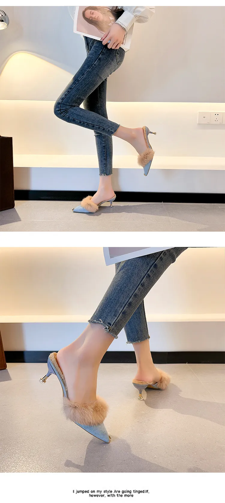 Women High Heel Shoes Fur Slippers Mules Pointed Toe Furry Slides Fashion Elegant Luxury Designer Flip Flops Office Pumps