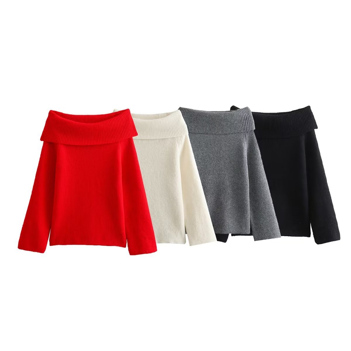 Women's autumn and winter clothing one neck off shoulder sexy slim fit solid color pullover sweater