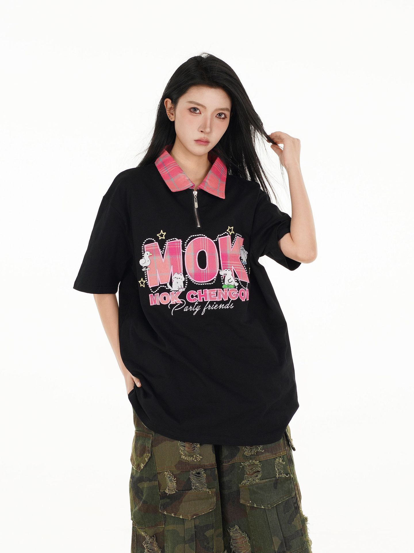Classic Cotton Letter Lapel Zip Oversized T Shirt