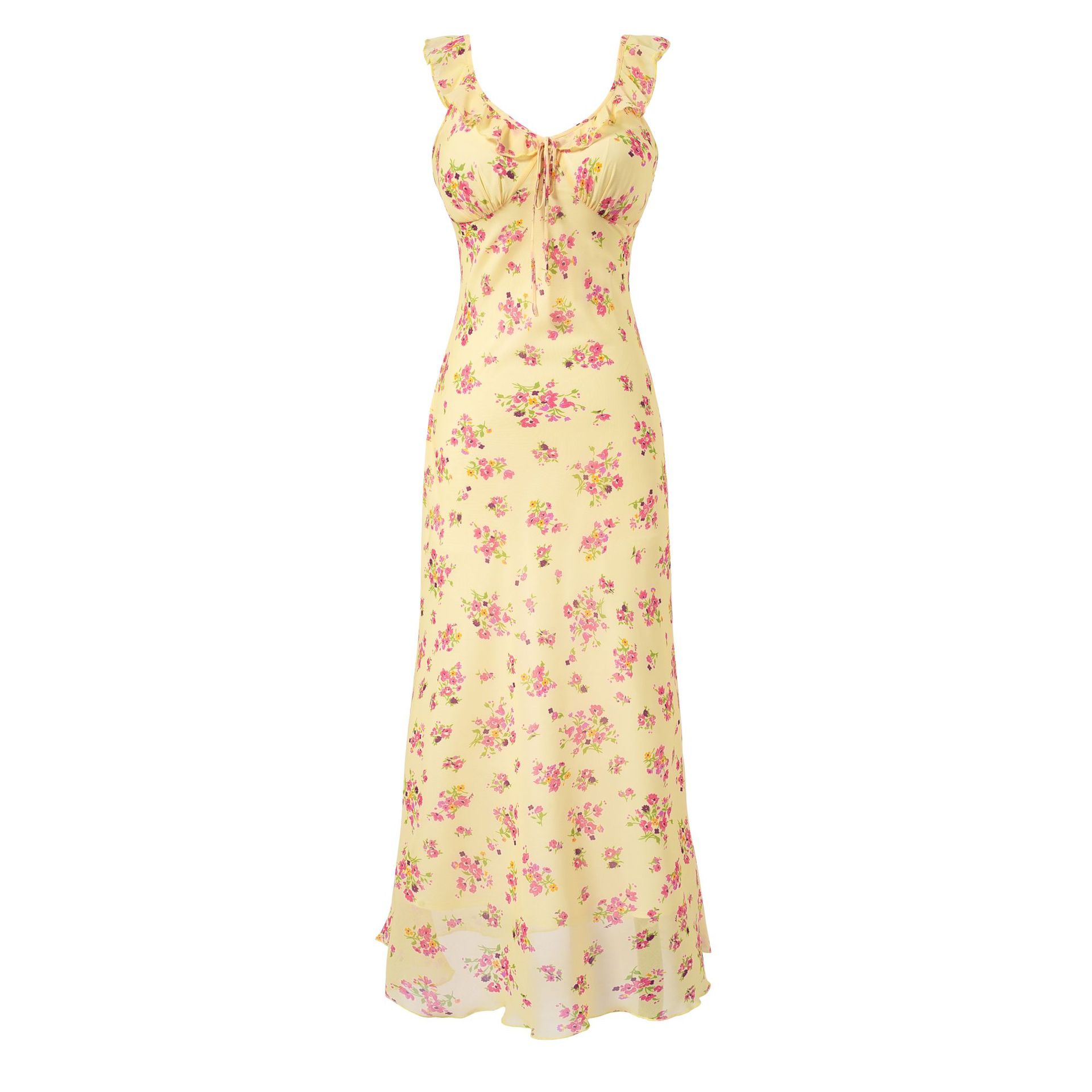 Yellow background printed long dress for women