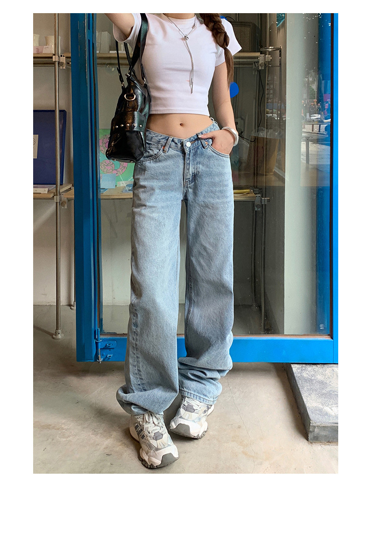 Washed Blue V-neck Waist Straight Leg Jeans Women Loose Slimming High-waisted Versatile Drape Floor-length Pants