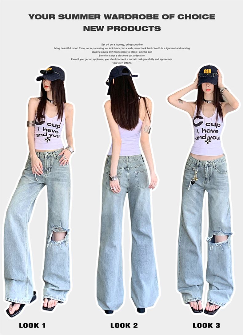 Light Blue Distressed Wide-Leg Jeans Women Retro Design Loose Straight Pants High Street