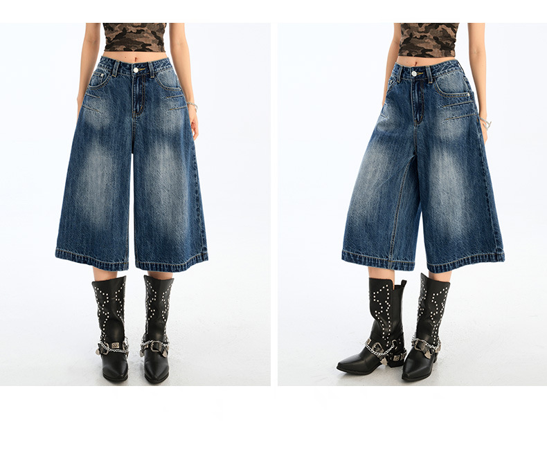 Wide-Leg Seven-Point Denim Pants for Women High-Waist Loose Fit Lazy Style Straight Leg Versatile Mid-Length Trousers