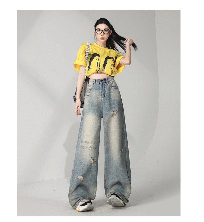 Retro Distressed Washed Ripped Jeans Women Loose High Waist Slim Wide Leg Floor-Length Pants