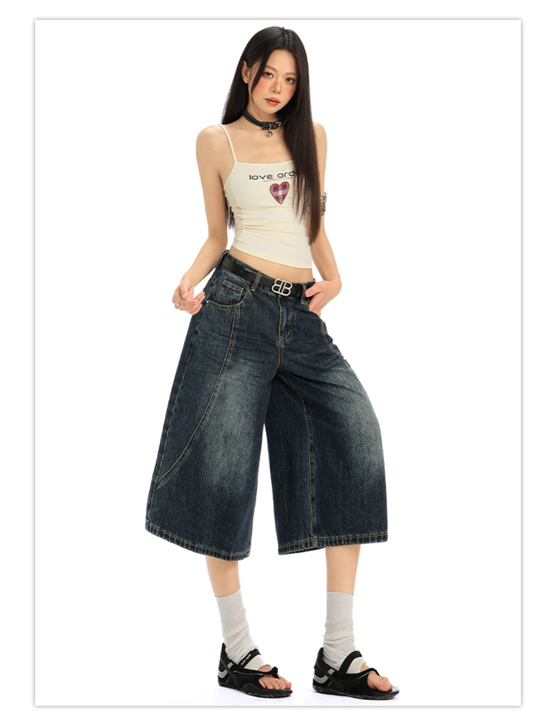 Women's Denim Pants Dark Color Versatile Loose Wide-Leg Design Sense Straight Leg Pants