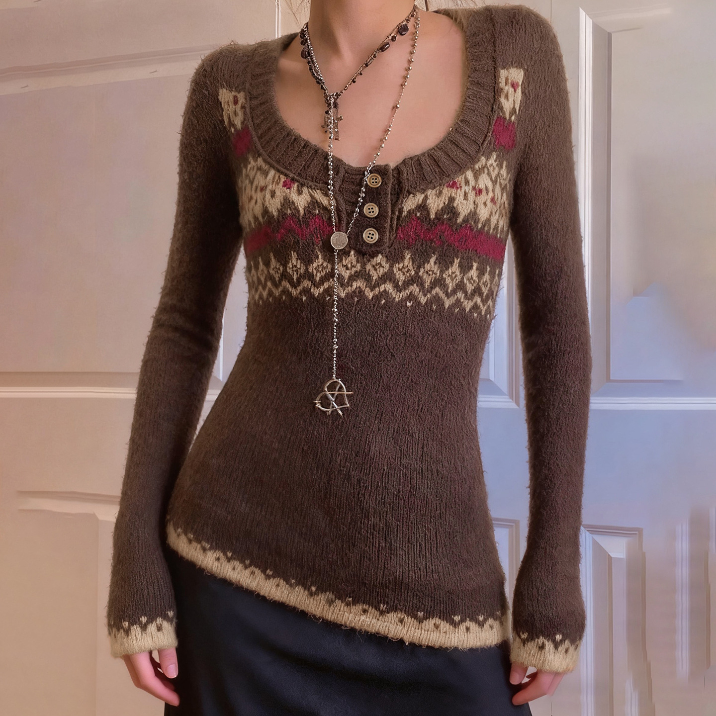 Two-tone Slim Thermal Henley Sweater