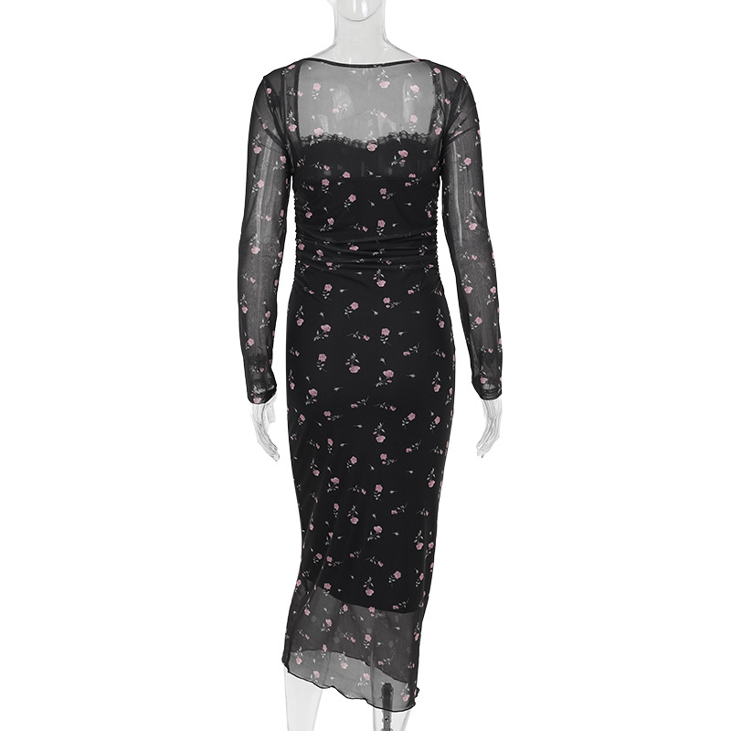 Vintage Square Neck Full-Sleeve Fitted Elastic Polyester Dress