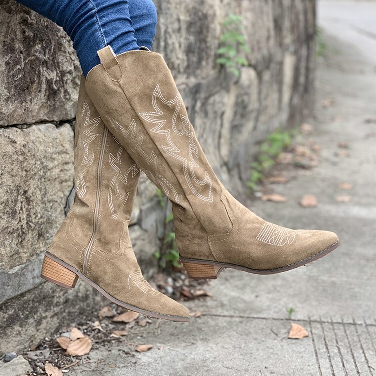 Brown thick heeled mid calf knight boots short boots Western cowboy