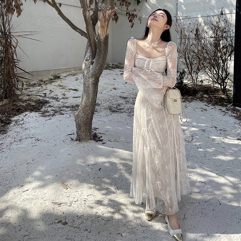 Square Neck Long Sleeve Polyester Maxi Dress