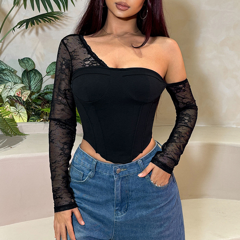 Slant Neck Long Sleeve Stretch Top