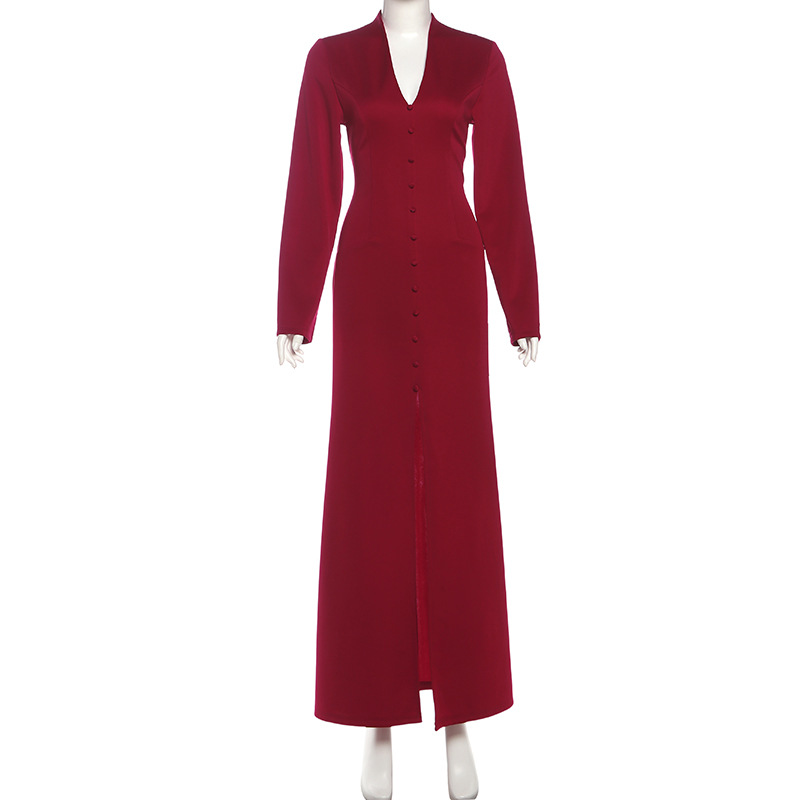 Plunging Neckline Long Sleeve Cinched Torso Vented Dress
