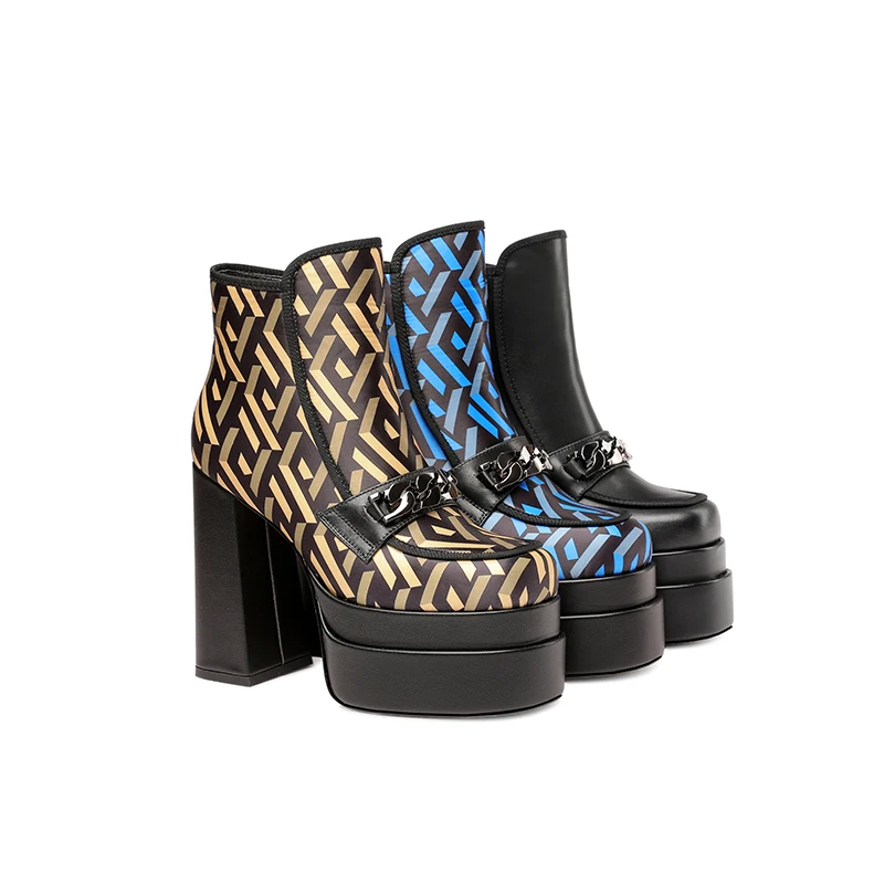 Chunky High Heels New Leather Metal Decor Ankle Boots Fashion Female Square Toe Zipper Platform Short Boots Botas