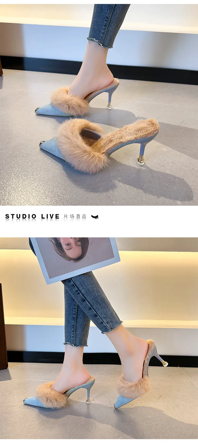Women High Heel Shoes Fur Slippers Mules Pointed Toe Furry Slides Fashion Elegant Luxury Designer Flip Flops Office Pumps
