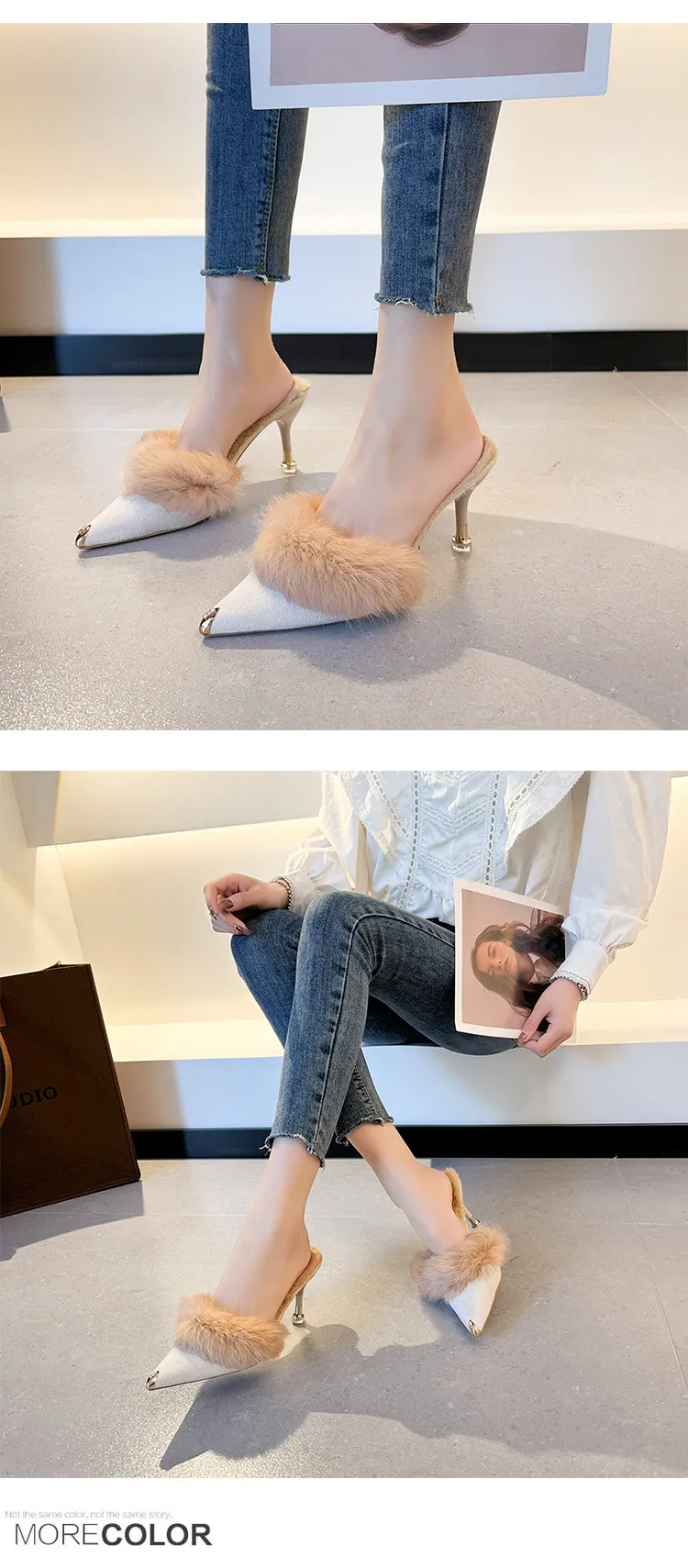 Women High Heel Shoes Fur Slippers Mules Pointed Toe Furry Slides Fashion Elegant Luxury Designer Flip Flops Office Pumps