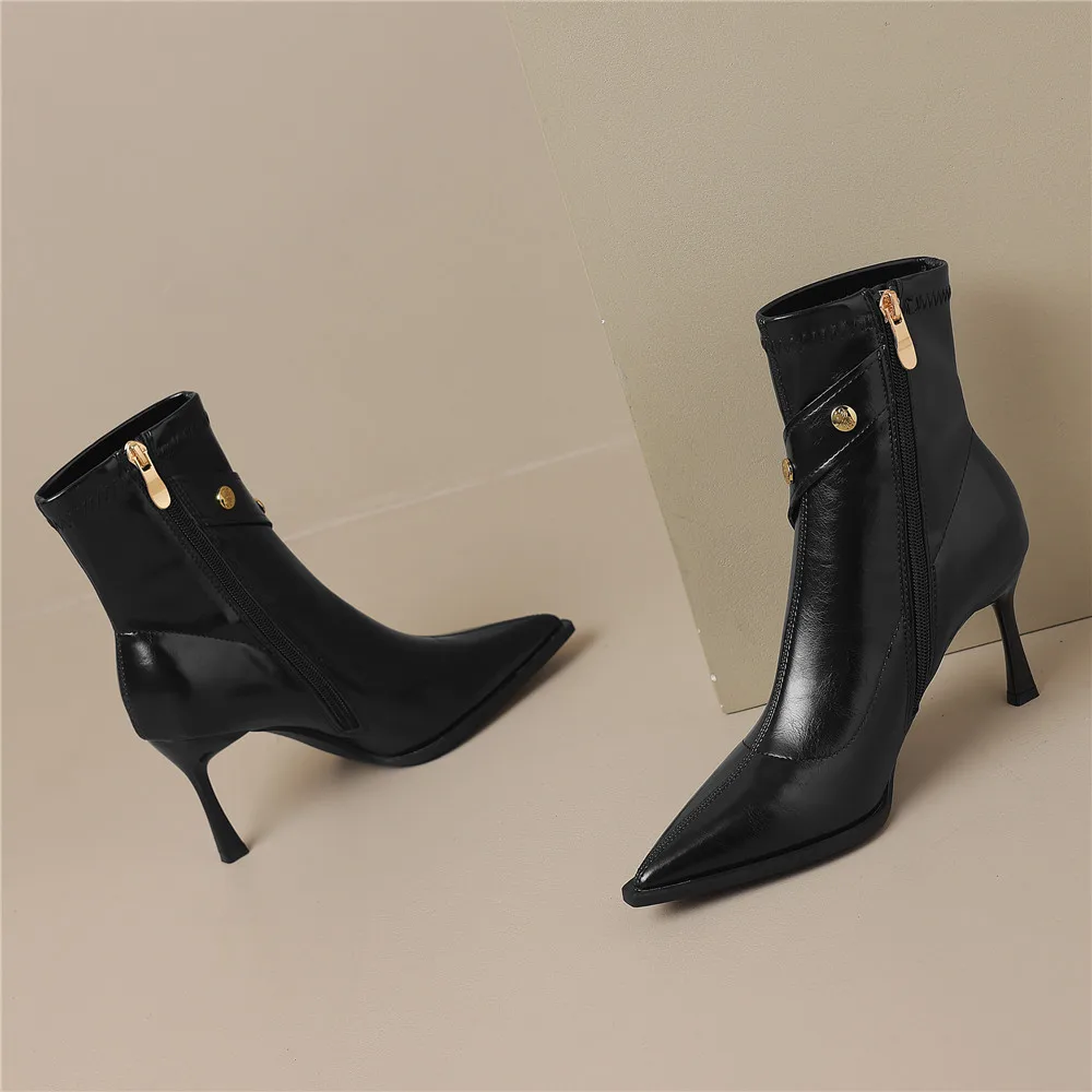 Pointed Toe Women Cow Leather Ankle Boots Thin Heels Zippers Solid Color Metal Rivet Dress Party Shoes