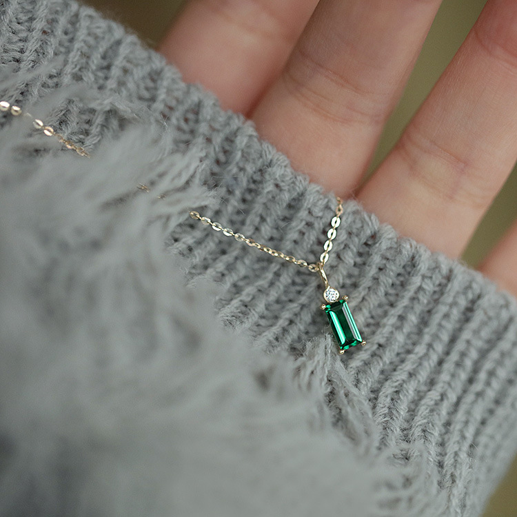 925 Sterling Silver 14K Gold Plated Emerald Green Mini Rectangle Zircon Necklace Female Korean Style Pendant Necklace