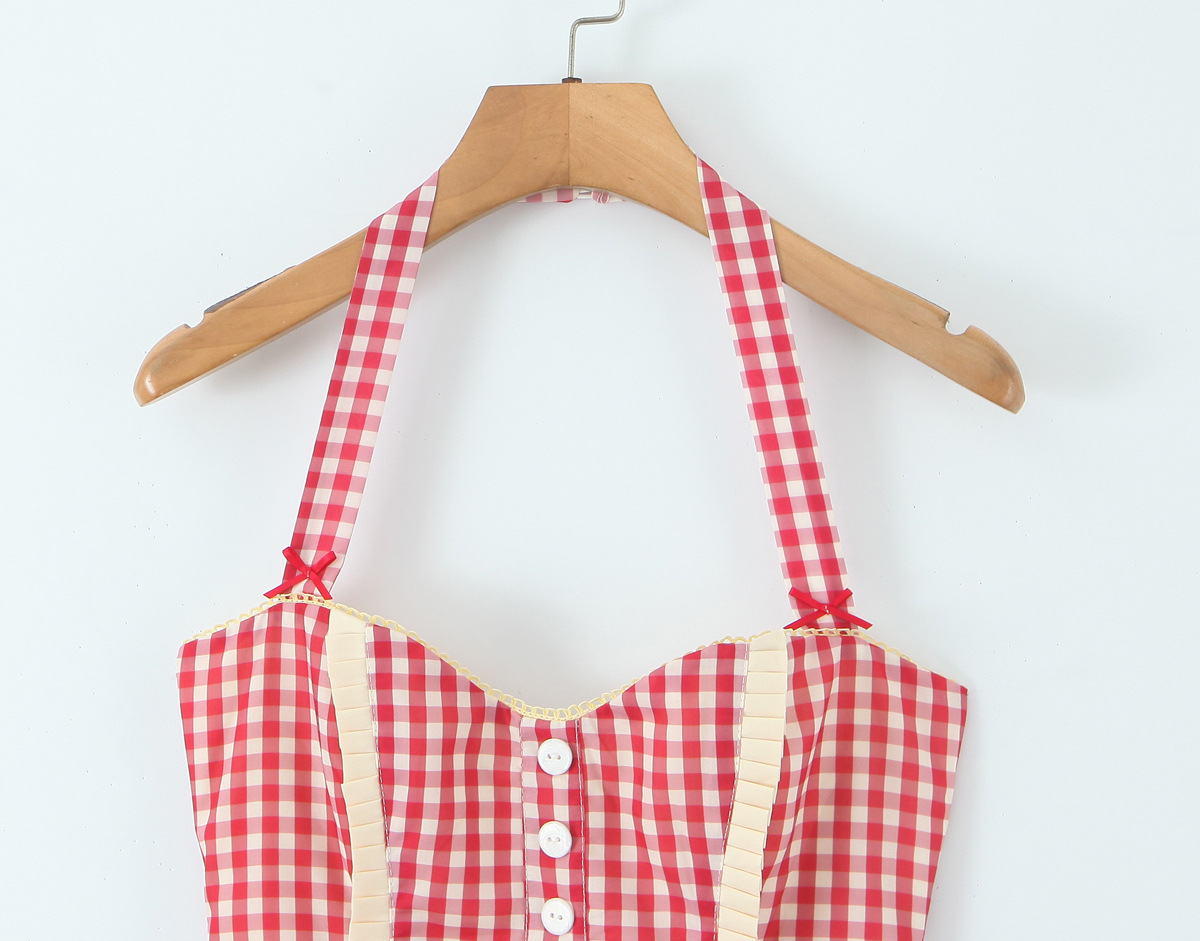 Sweet Red Plaid Single-Breasted Heart Pocket Halter Mini Dress