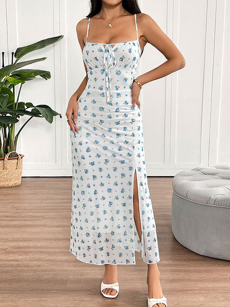 One-Shoulder Printed Fitted Long Sleeveless Dress