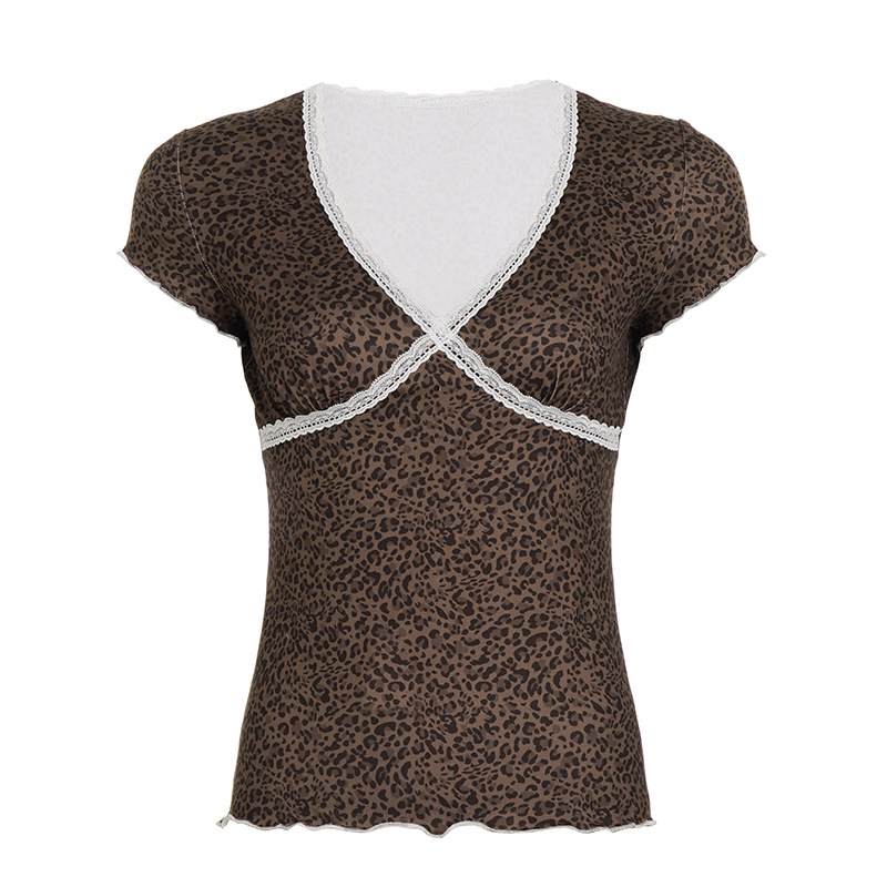 Vintage Leopard Lace Trim V-Neck Short Sleeve T-Shirt Elegant Close-Fit Crop Top