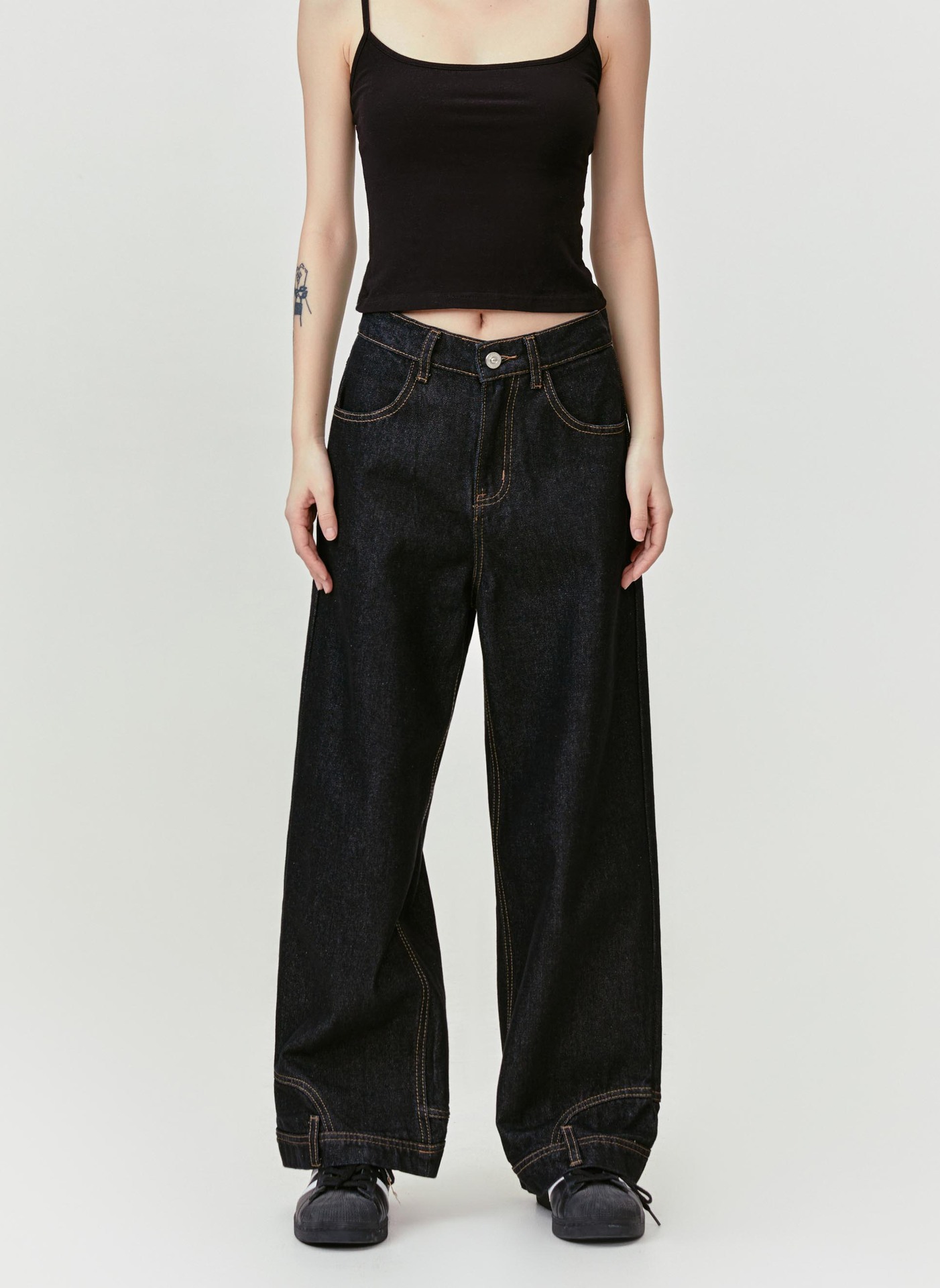 Inverted Reverse Design Washed Distressed Loose Straight Wide Leg Jeans Trendy
