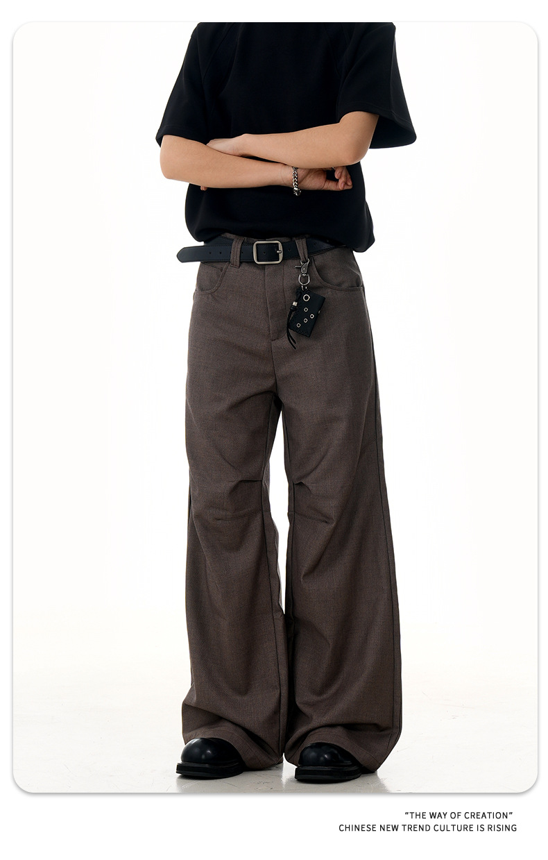 Flared Brown Trousers with Pleated Retro Design Loose Fit Casual Slim Long Pants