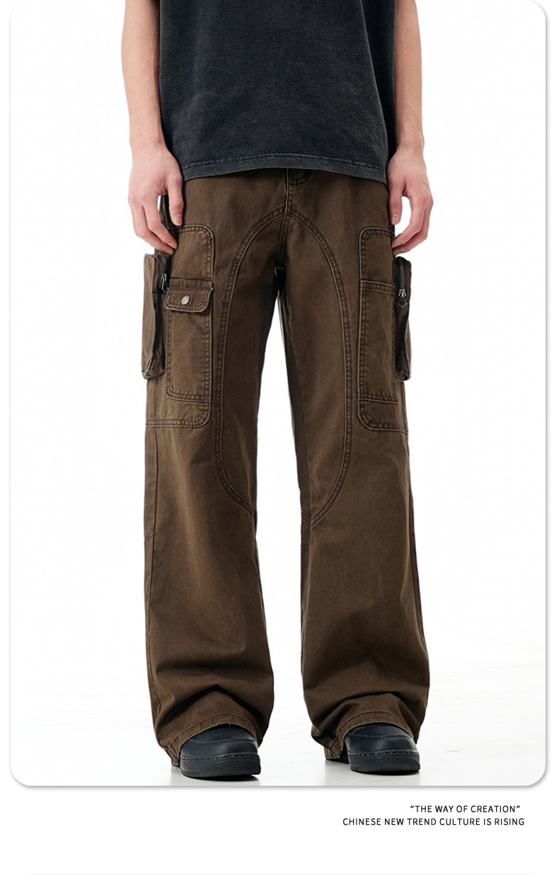 High Street Vibe Flared Loose Multi-Pocket Distressed Straight Casual Long Pants