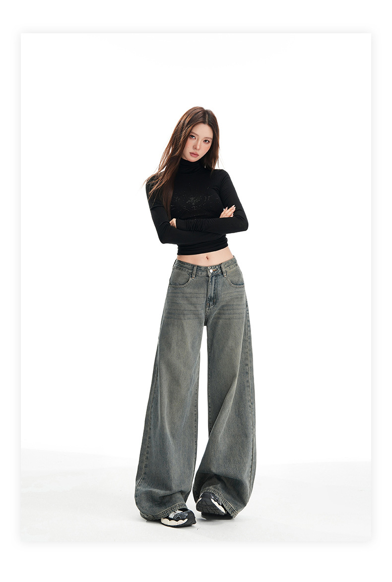 Women's Wide-Leg Pants Loose Fit High-Waist Trousers Slimming Multi-Purpose Denim Pants with Vintage Color Washed Effect