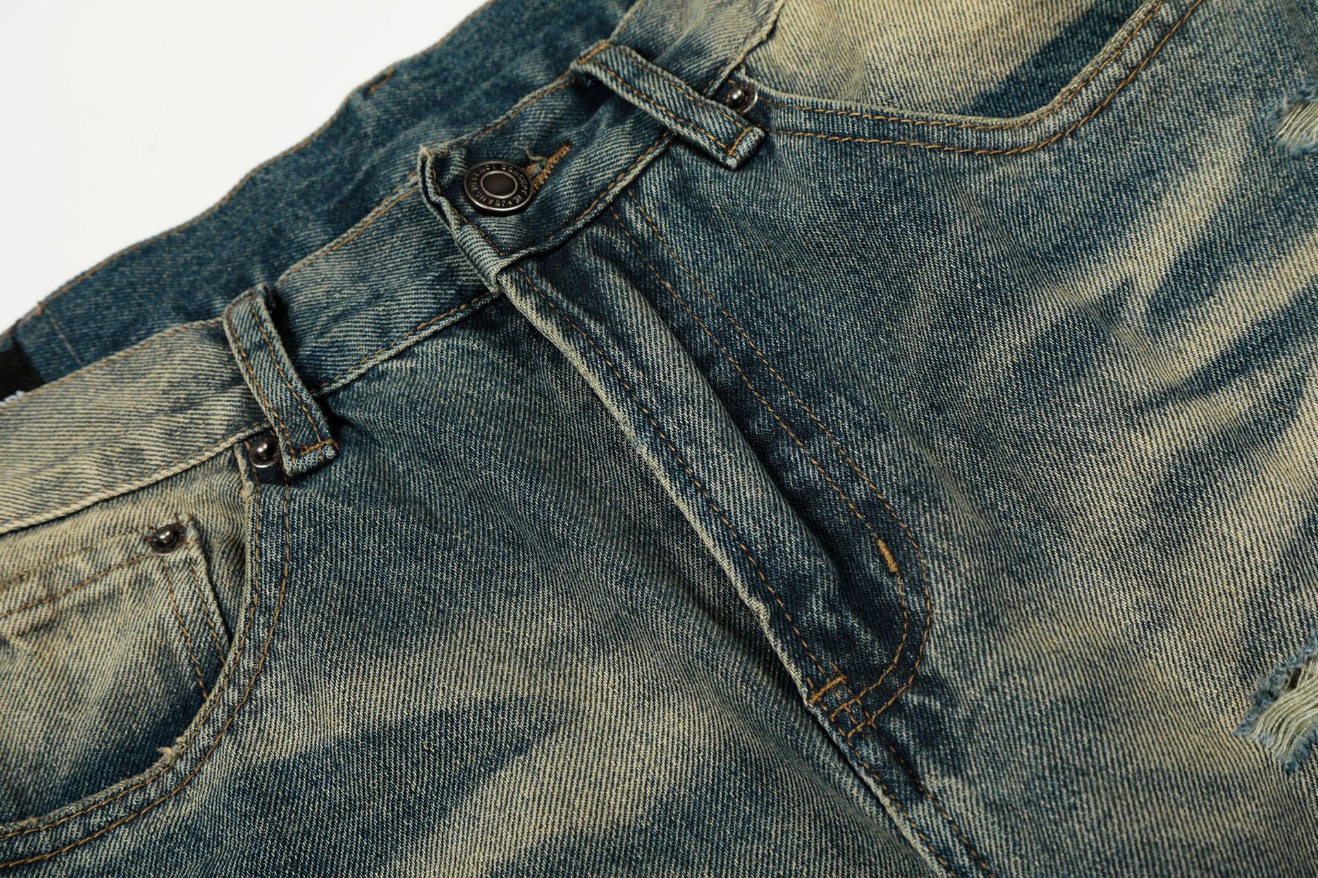 Style Trendy Unisex Street Retro Vintage Blue Cat Whisker Pattern Distressed Design Loose Fit Men's Jeans