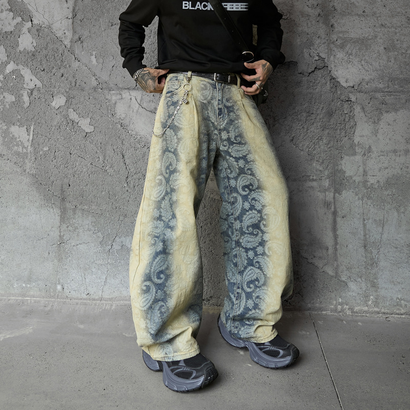 Street Washed Spray Monkey Jacquard Gradient Knife-Edge Denim Pants Men Women High-Quality Fashion Brand Wide-Leg Pants
