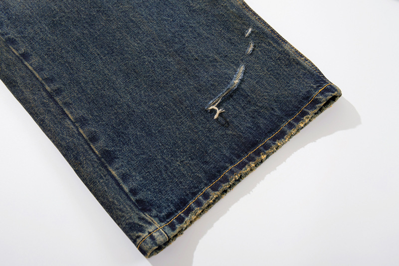 Vintage Washed Ripped Street Style Dagger Cut Denim Pants, Unisex Loose Clean Fit Wide Leg Floor-Length Trousers