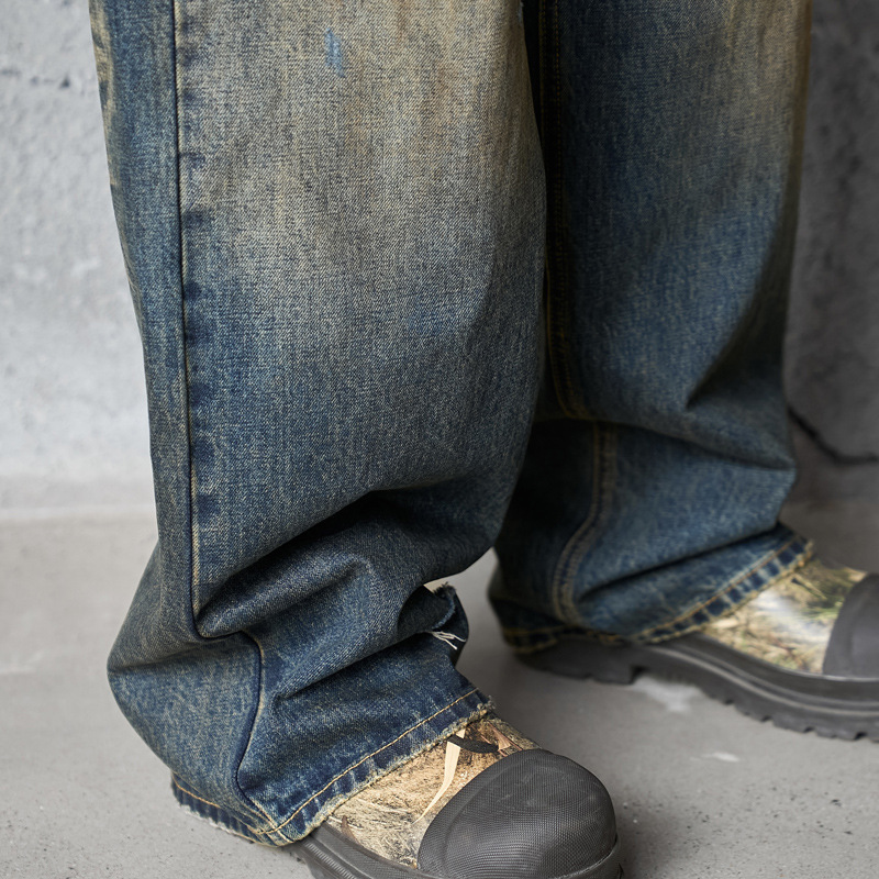 Vintage Washed Ripped Street Style Dagger Cut Denim Pants, Unisex Loose Clean Fit Wide Leg Floor-Length Trousers