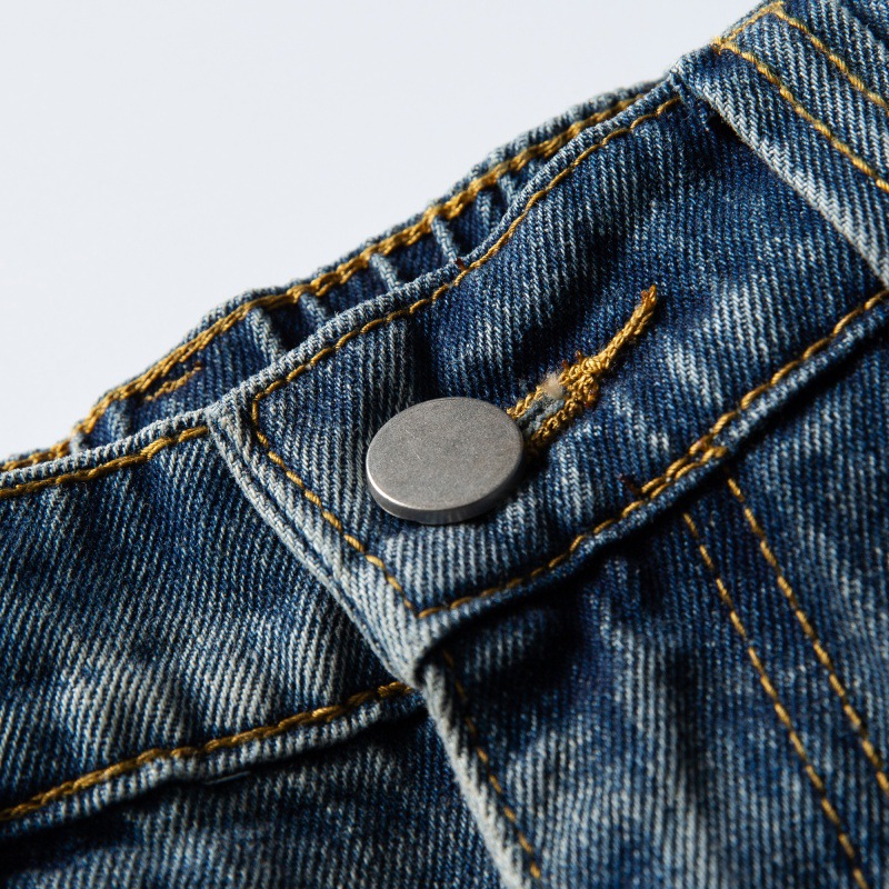 Distressed Relaxed Straight Leg Slightly Wide Washed Raw Edge Denim Pants