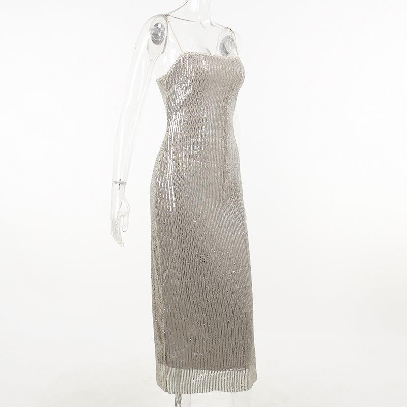 Square Neck Sleeveless Knit Fitted Embellished Dress