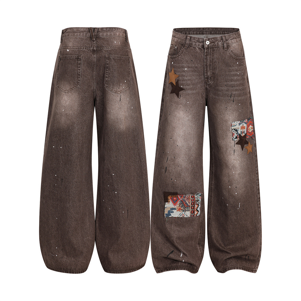 Streetwear Men's Denim Pants with Patchwork, Distressed Bleached Finish, Trendy Loose Fit, Wide Leg Style, Long Trousers
