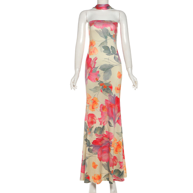 Patterned Drape Neck Open Back Bare Shoulder Dress