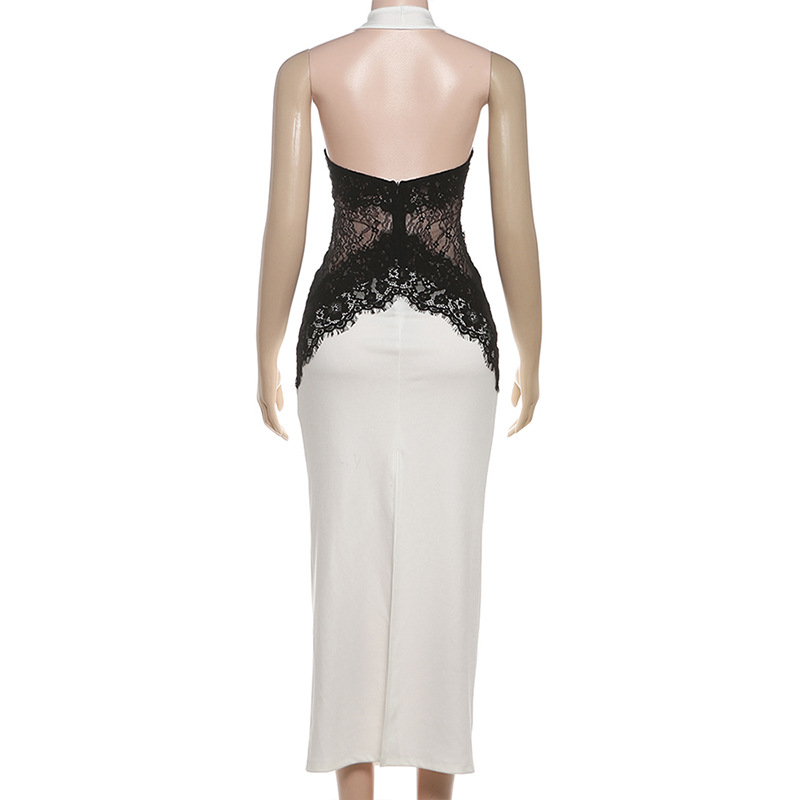 Halter High Waist Fitted Bicolor Perforated Paneled Dress