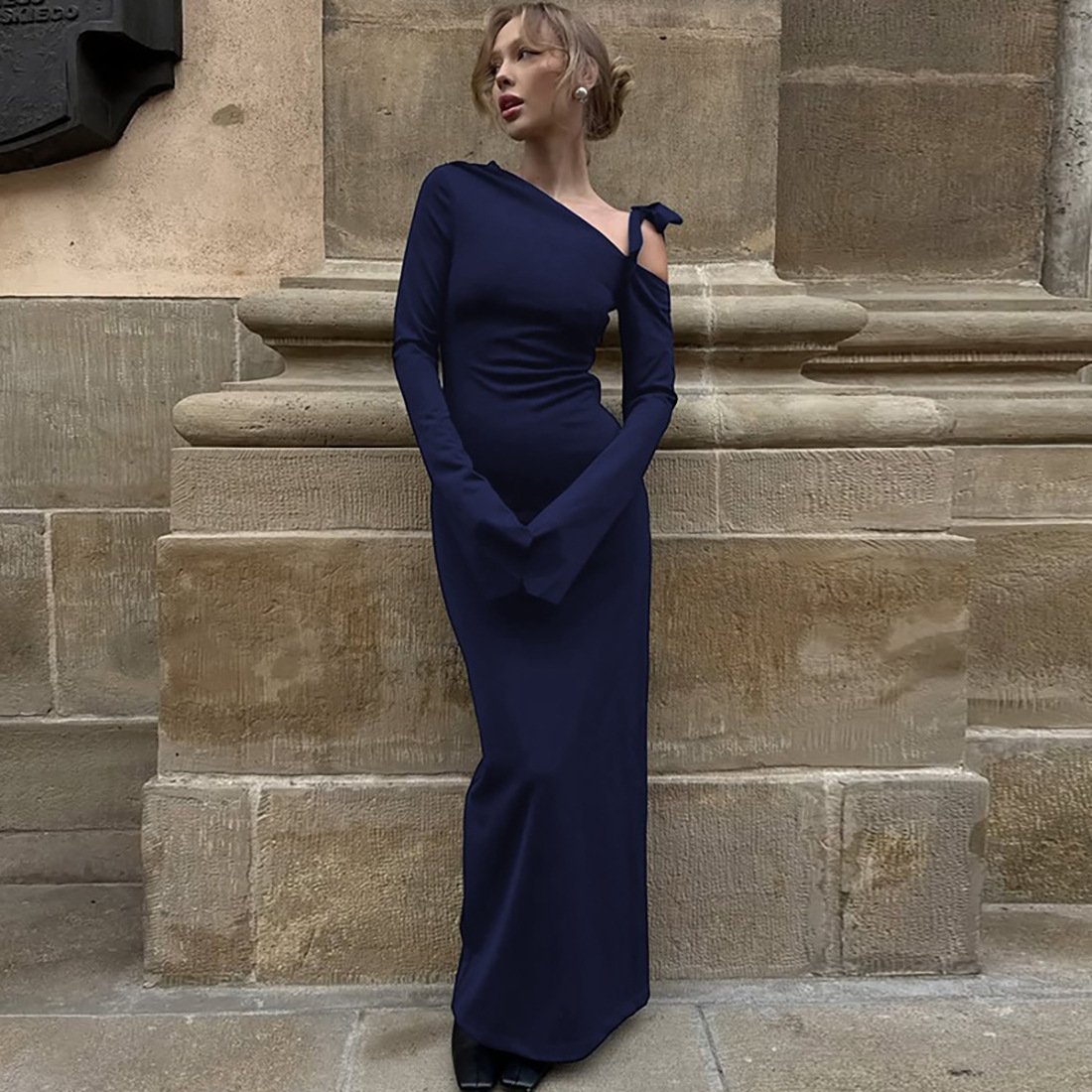 Asymmetric Drape Bodycon Side Split Extended Sleeve Dress