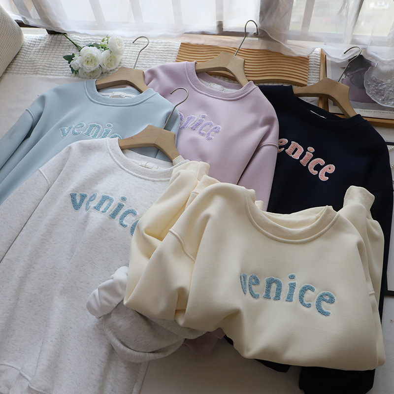 Letter Towel Embroidery Fleece Lined Thick Loose Casual Hoodie for Women