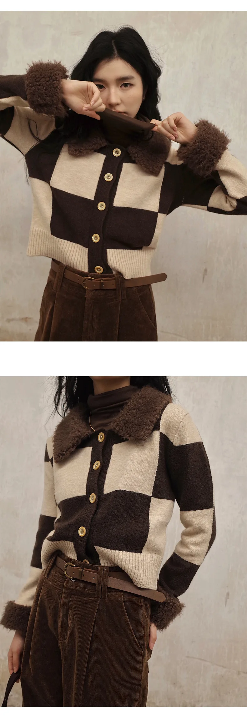 Ladies Vintage Woolen Contrast Fitted One-Button Cardigan