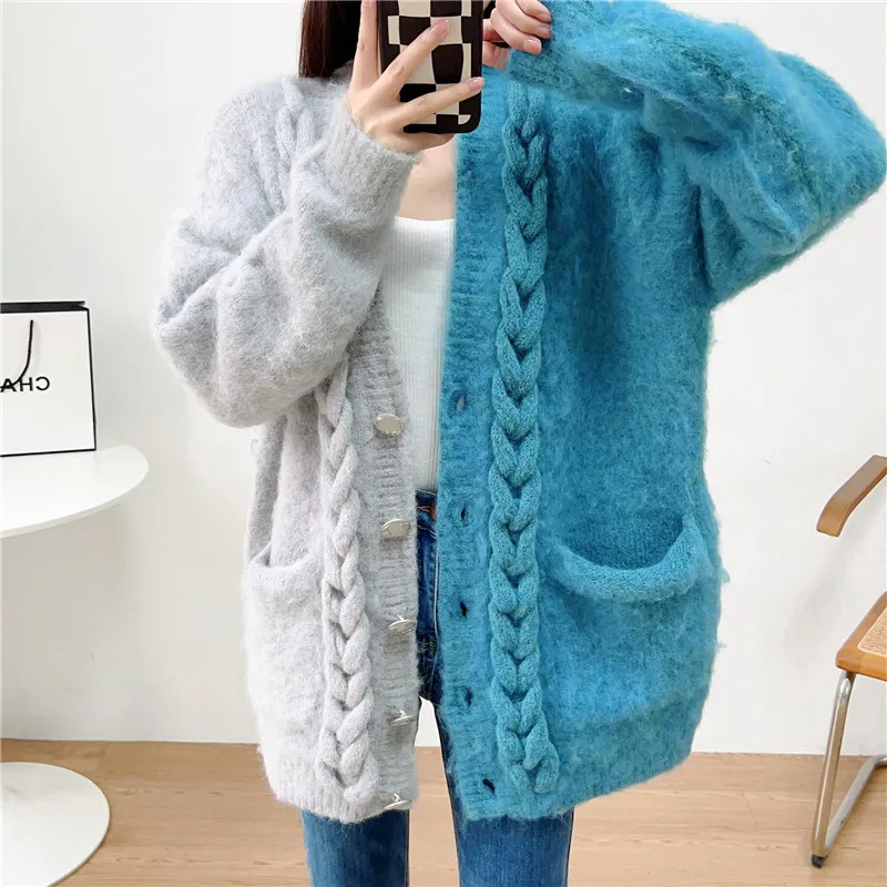Ladies Colorblock Chunky Oversized Knitted Cardigan