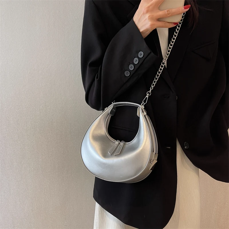 Small Silver Leather Crossbody Bags for Women Trend Underarm Handbags and Purses Chain Armpit Shoulder Side Bags