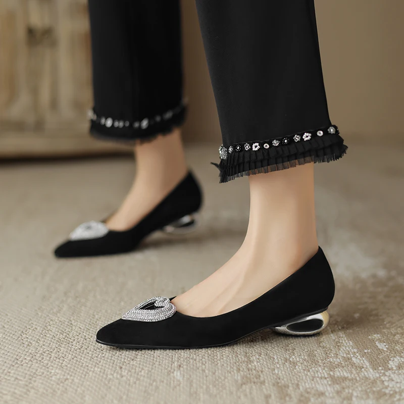 Elegant With Low Heel Brand Genuine Leather High Heels Metal Button Heels For Women Comfortable Pumps Pointed Toe