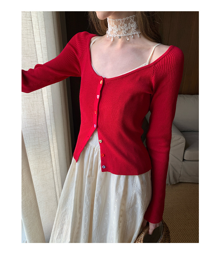 Solid Button Front Scoop Collar Long Sleeve Cardigan