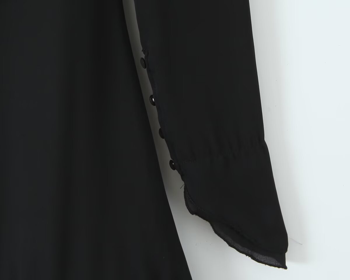 Square collar long sleeved backless black fungus trimmed short dress for women