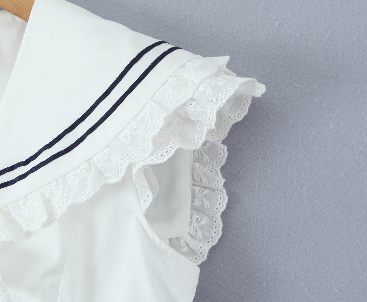 Navy Collar Lace Trim Bow Single Breasted Sleeveless Blouse
