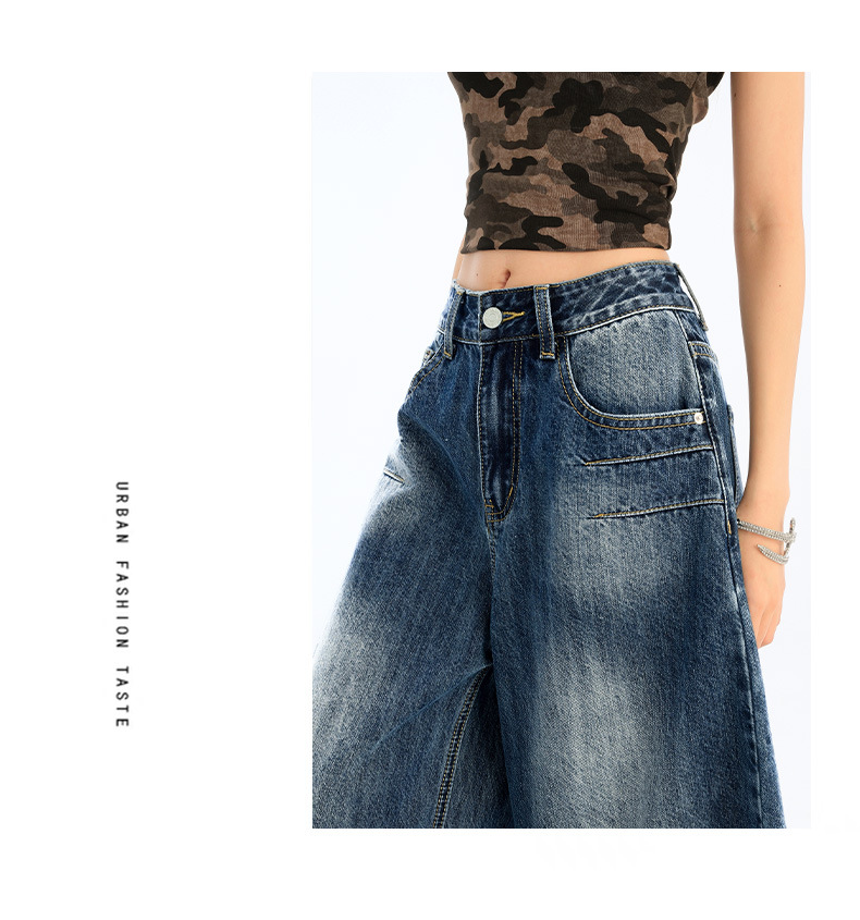 Wide-Leg Seven-Point Denim Pants for Women High-Waist Loose Fit Lazy Style Straight Leg Versatile Mid-Length Trousers